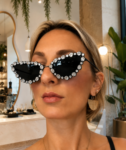 Lunettes Œil De Chat Noires Strass Cristal