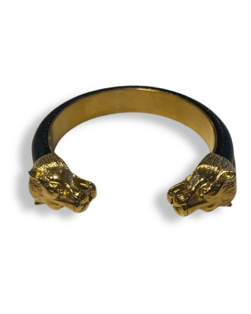 Bracelet Jonc Cuir Noir Têtes De Lion Dorées, photo 2