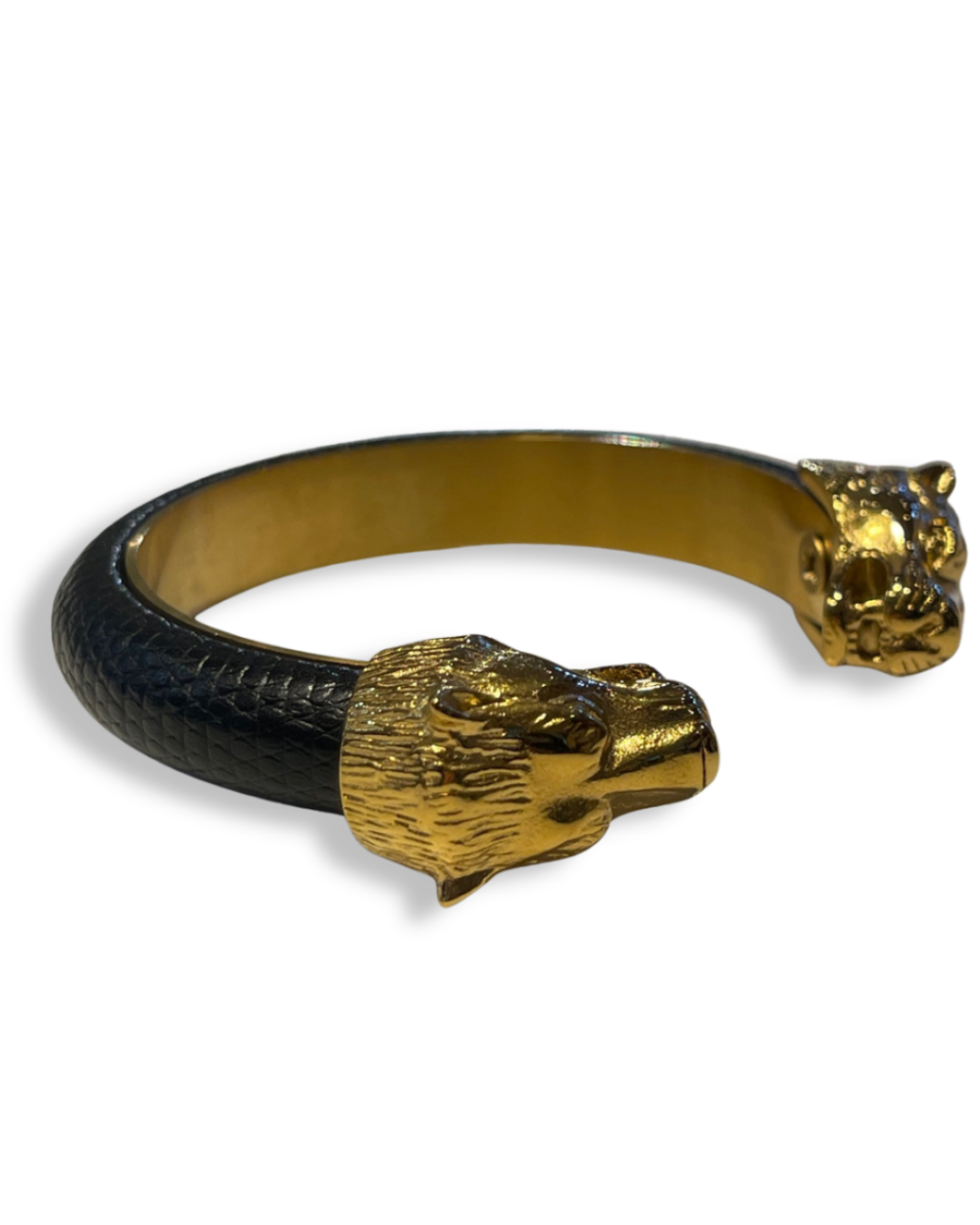 Bracelet Jonc Cuir Noir Têtes De Lion Dorées, photo 3